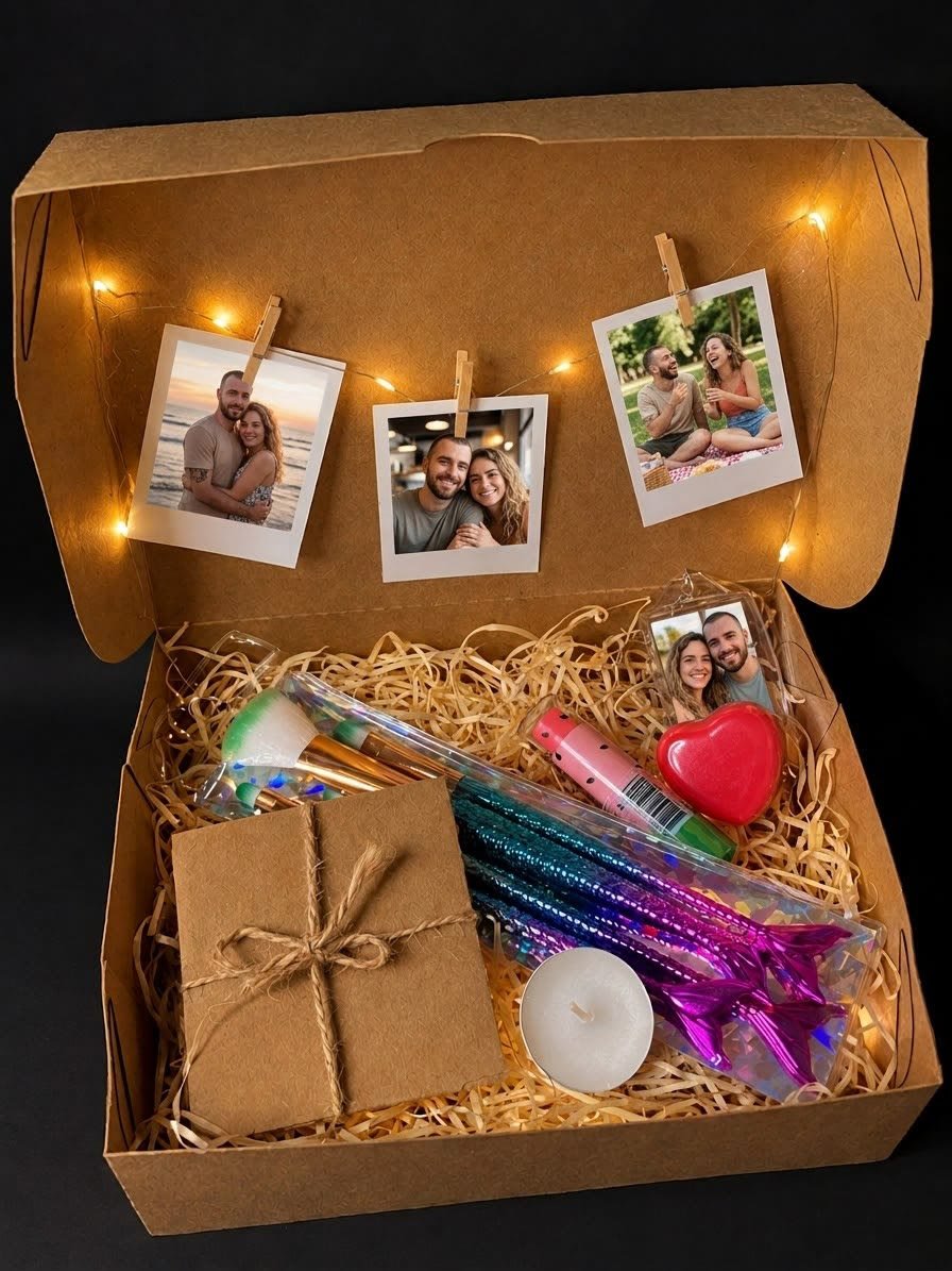 Caixinha kraft aberta com mini polaroids no varal de luzinhas, chaveiro e mimos