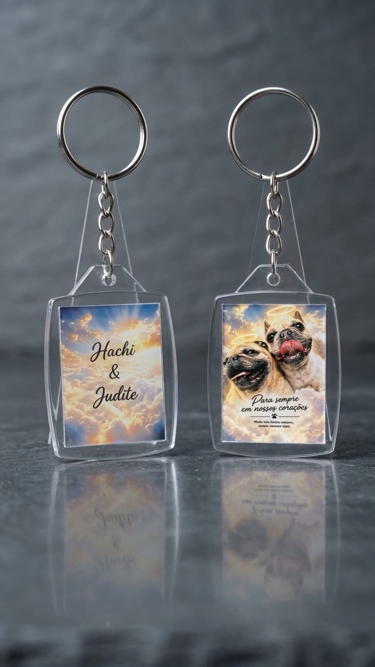 Dois chaveiros em homenagem a dois cachorros, com nomes e frase
